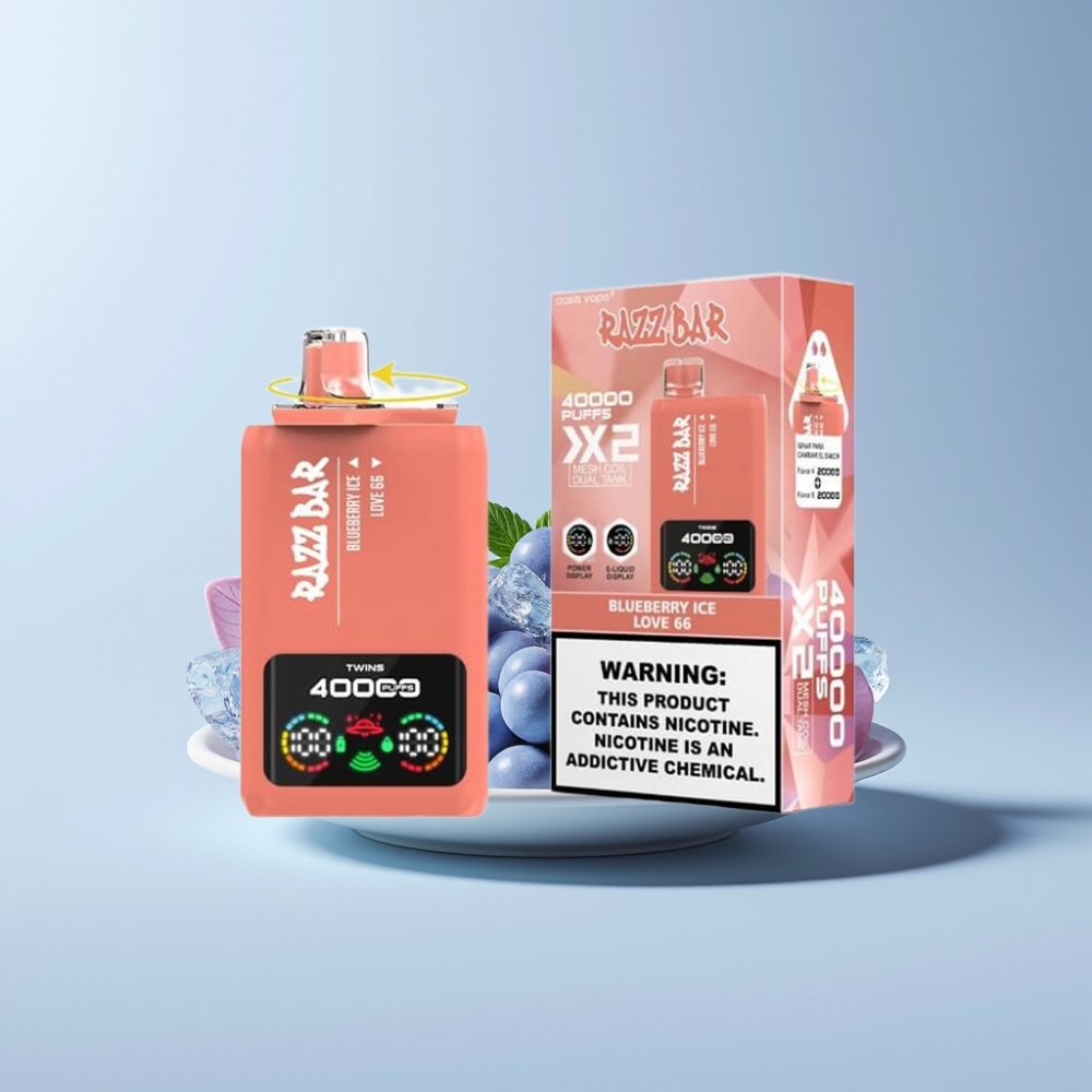 Razz Bar 40000 Puffs Vape til Engangsbrug Dansk engros – Blåbær Is & Love 66 med Power Skærm og Type-C Port