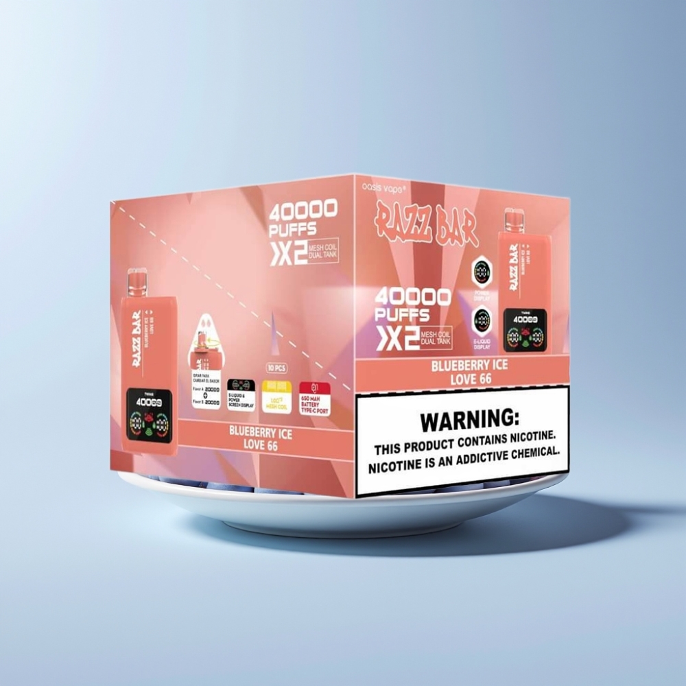 Razz Bar 40000 Puffs Vape til Engangsbrug Dansk engros – Blåbær Is & Love 66 med Power Skærm og Type-C Port