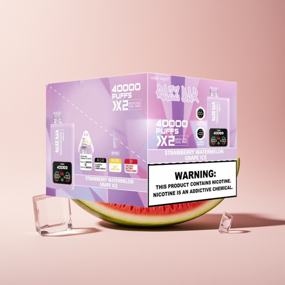 Razz Bar Dansk Engros 40000 Puffs Power Screen Display Jordbær Vandmelon & Isdrue Vape til Engangsbrug