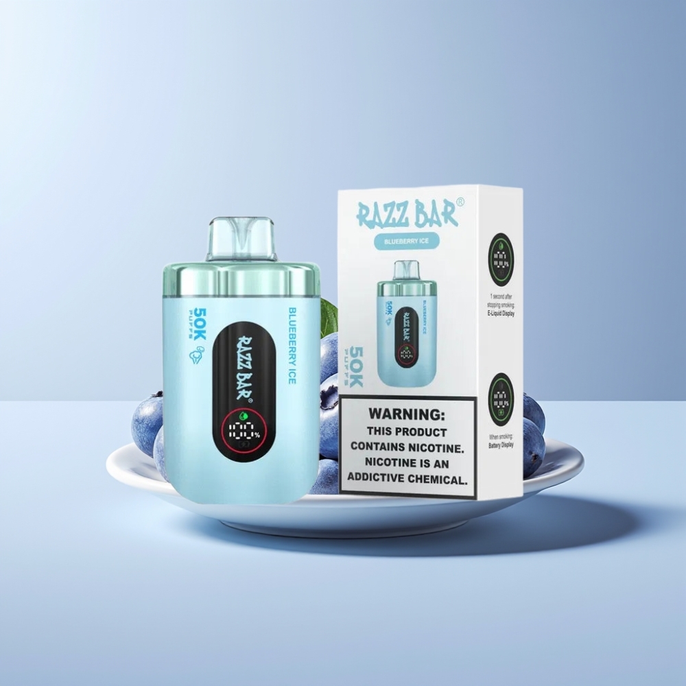 Razz Bar 50K Puffs Dansk Engros Vape til Engangsbrug Blåbær Is med 50000 Puffs, 1.0 Ohm Mesh Coil og Type-C Genopladelig