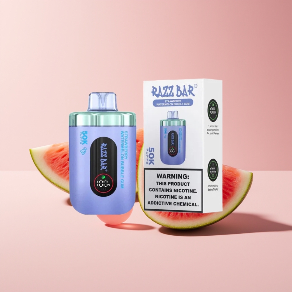 Razz Bar 50K Puffs Engangs Damp Dansk Engros – Jordbær Vandmelon Bubble Gum – 50000 Puffs, 1.0 Ohm Mesh Coil, Type-C Opladning