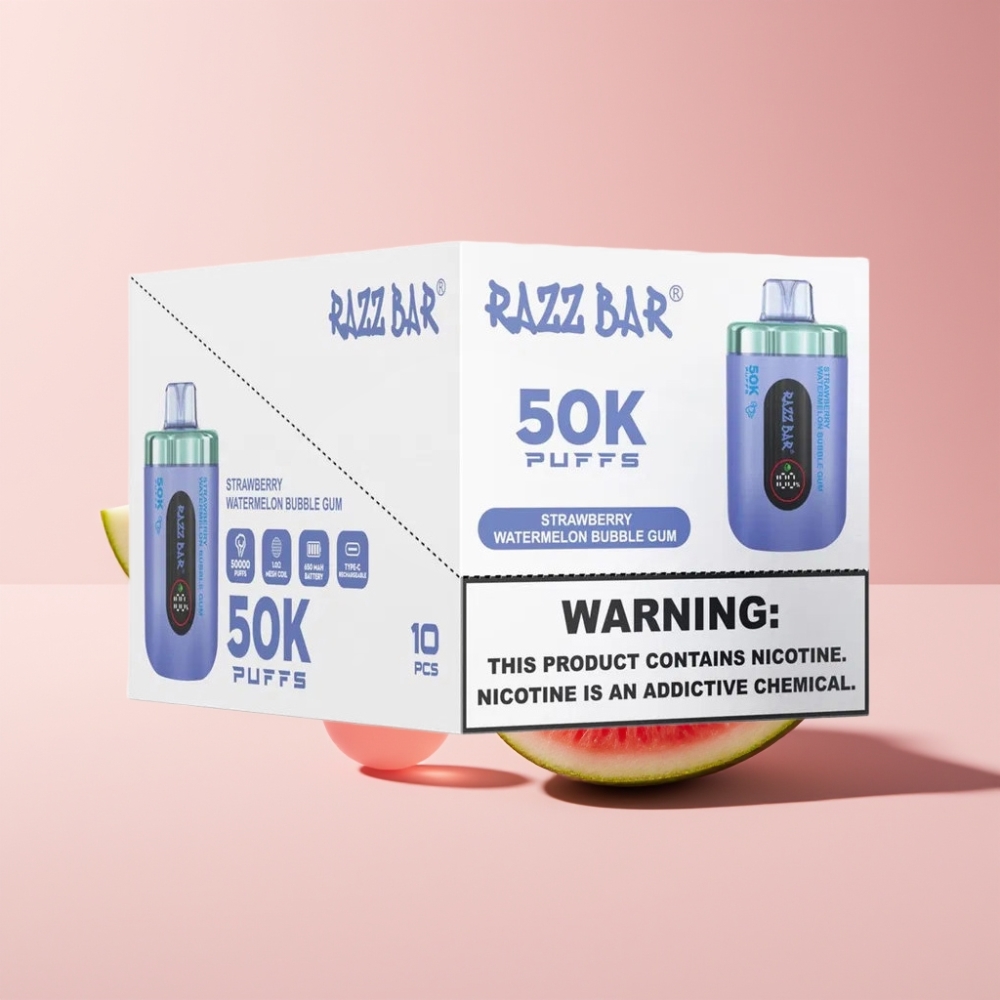 Razz Bar 50K Puffs Engangs Damp Dansk Engros – Jordbær Vandmelon Bubble Gum – 50000 Puffs, 1.0 Ohm Mesh Coil, Type-C Opladning