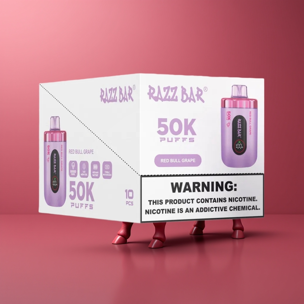 Razz Bar 50K Puffs Engangs Vape Dansk Engros – 50000 Puffs, Type-C Genopladelig, Razz Bar 50K Puffs Engangs Vape Red Bull Vin (2% Nikotin)