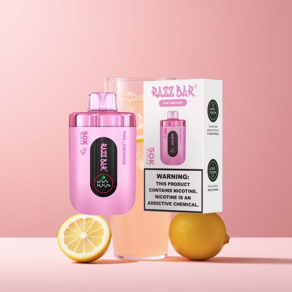 Razz Bar 50K Puffs Engangsdamper Dansk Engros – 50000 Puffs, Type-C Opladning, Lyserød Lemonade