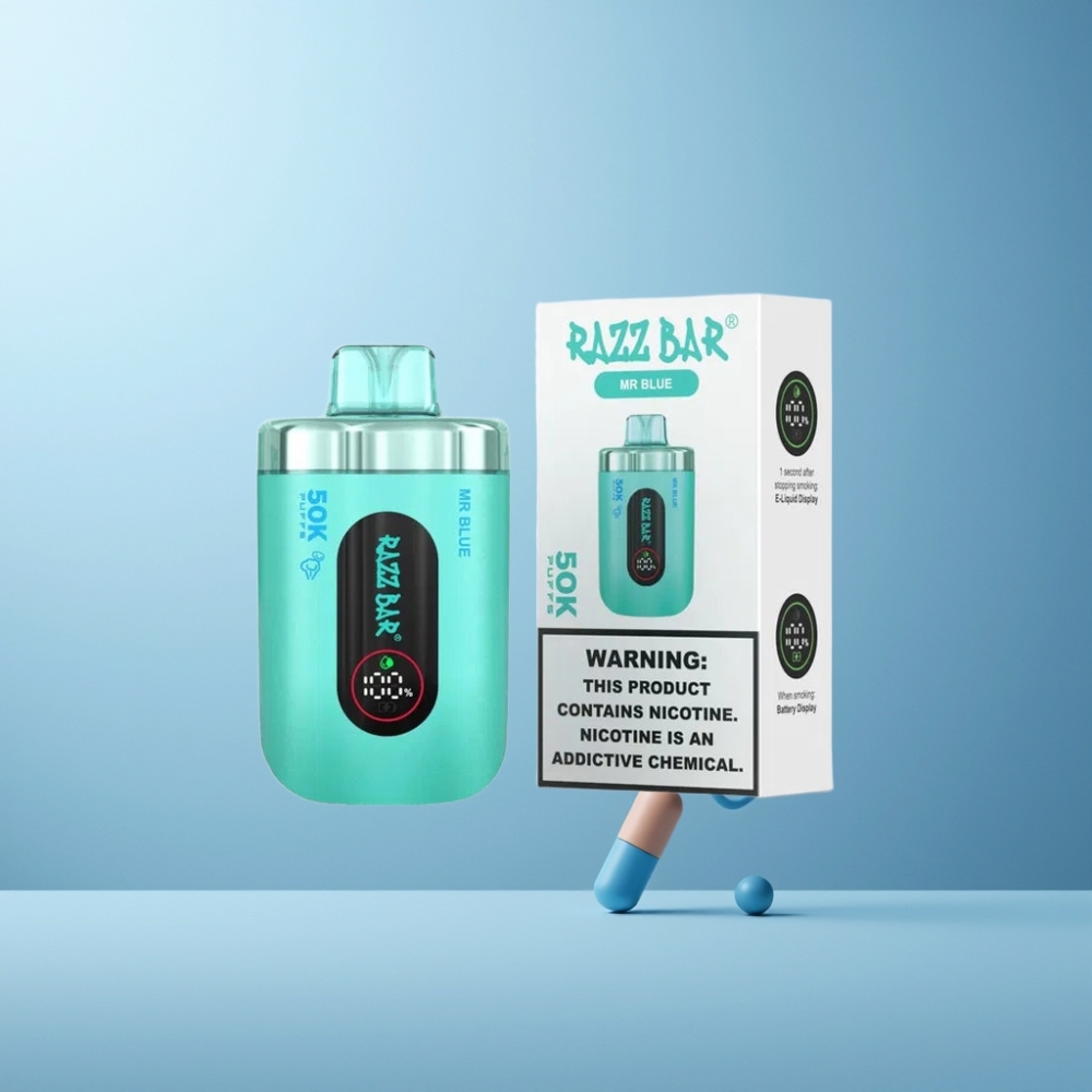 Razz Bar 50K Puffs Vape til Engangsbrug 650 Mah Dansk Engros 2% Nikotinindhold Mr Blå