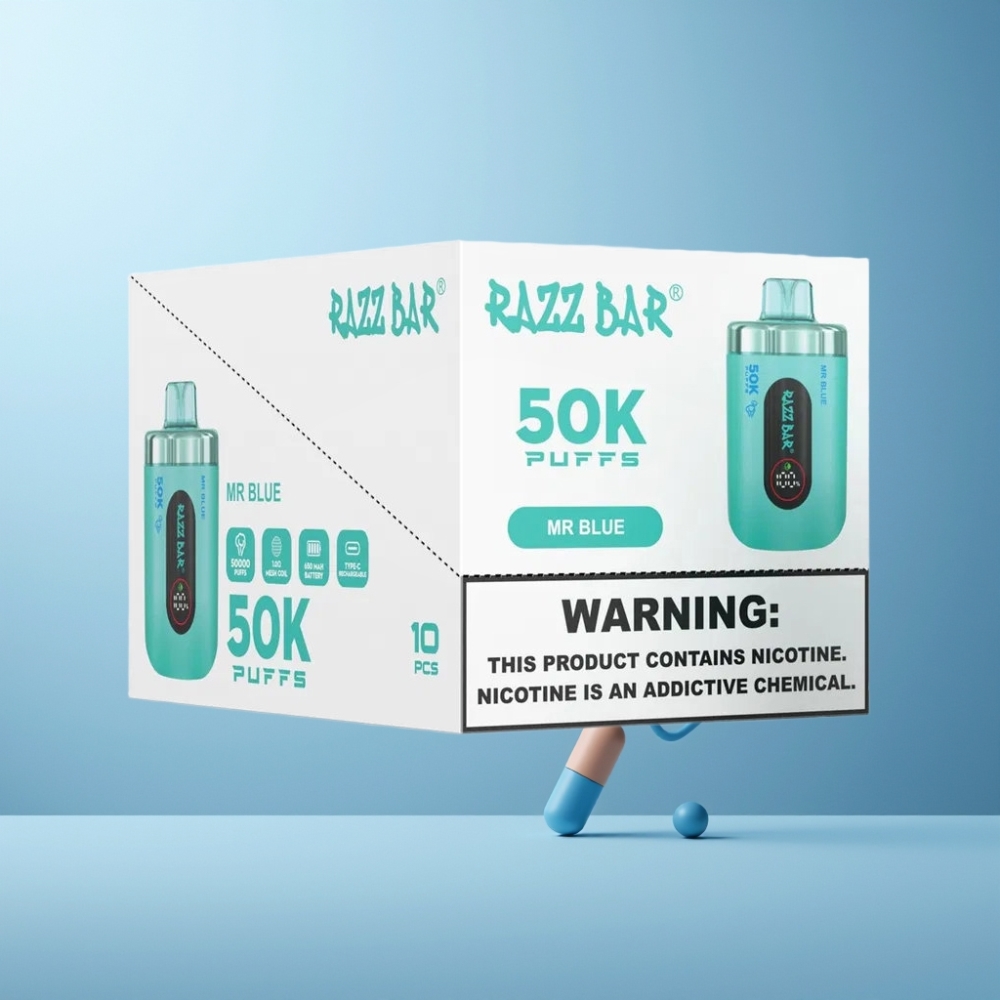 Razz Bar 50K Puffs Vape til Engangsbrug 650 Mah Dansk Engros 2% Nikotinindhold Mr Blå
