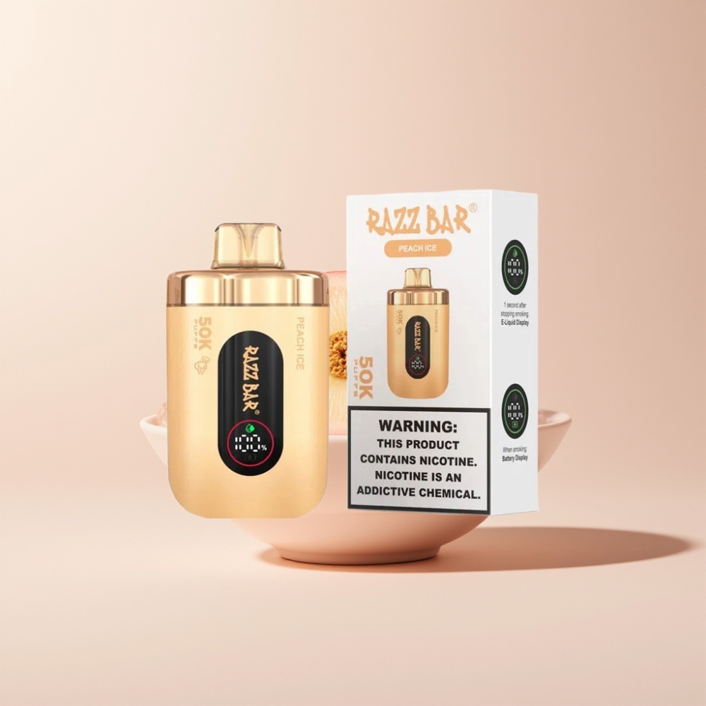 Razz Bar 50K Puffs Vape til Engangsbrug Peach Is (Fersken Is) Dansk Engros – 50000 Puffs, Type-C Genopladelig, 2% Nikotin