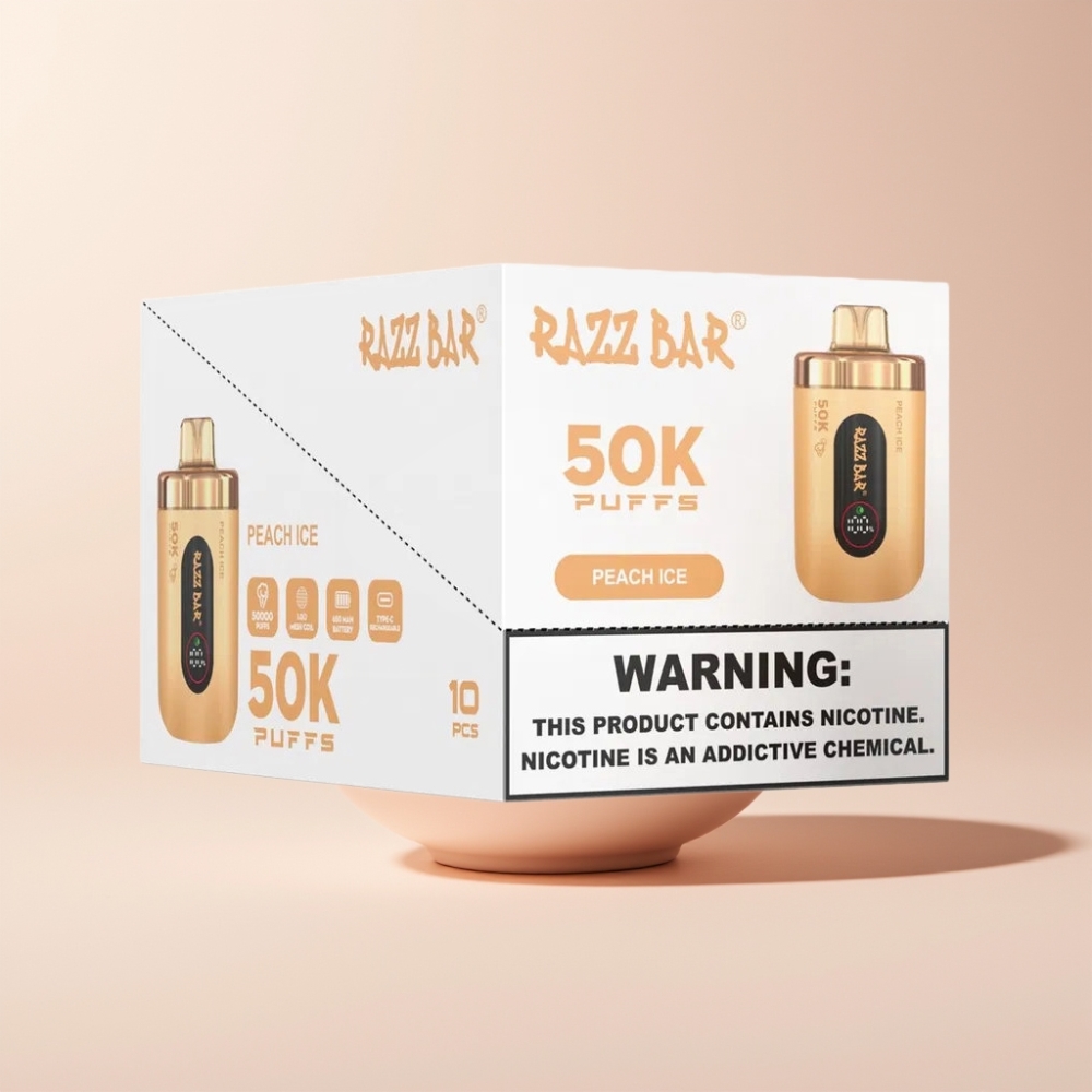 Razz Bar 50K Puffs Vape til Engangsbrug Peach Is (Fersken Is) Dansk Engros – 50000 Puffs, Type-C Genopladelig, 2% Nikotin