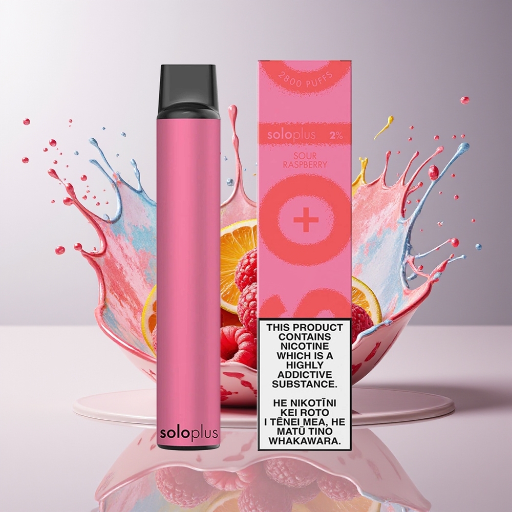Solo Plus 2800 Puffs Engangs Vape Dansk Engros med Mesh Coil og 6,5ml Sur Hindbær E-væske