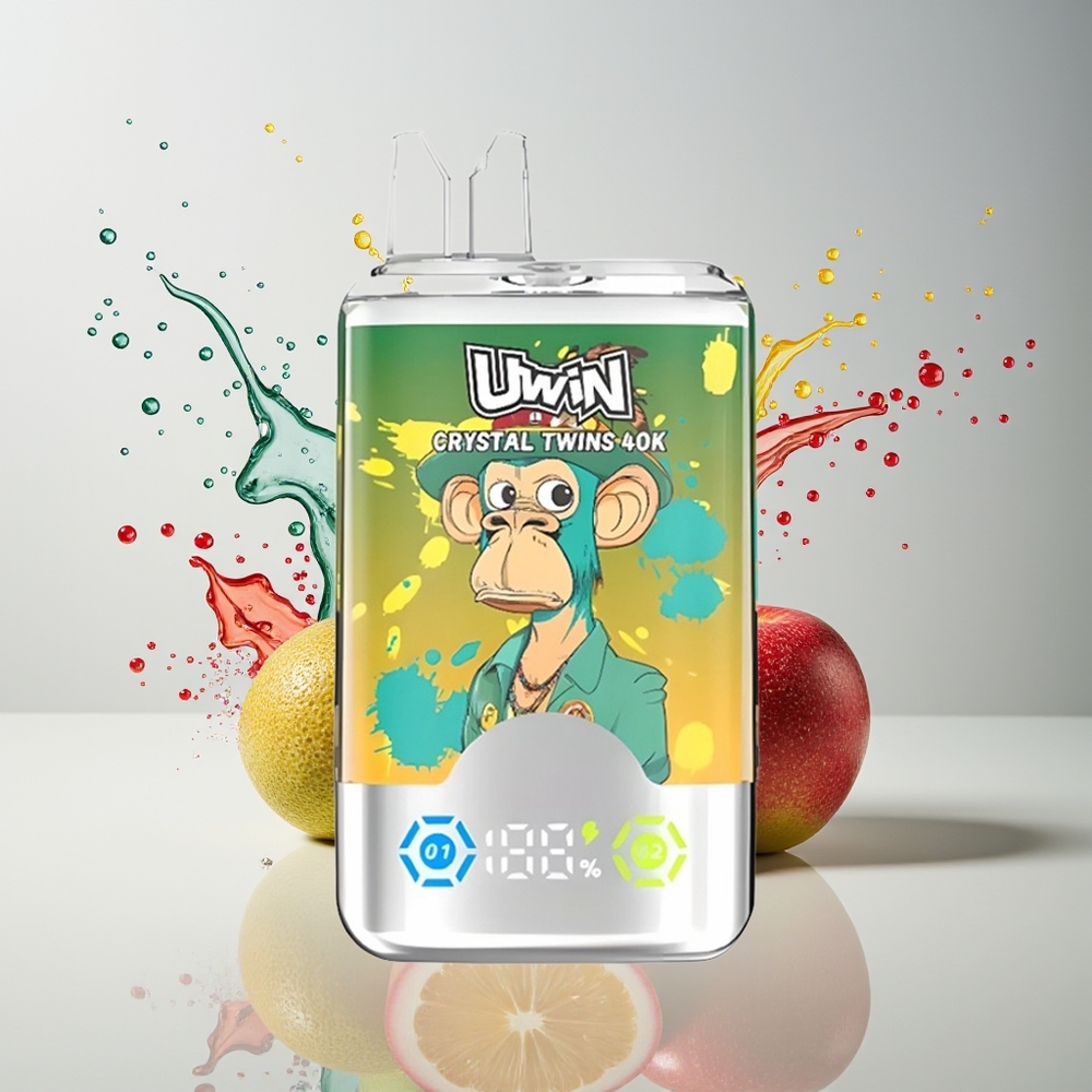 UWIN Crystal Twins 40000 Puffs Dansk engros - 32ml, Type-C opladning, To smagsvarianter - Kiwi Passionsfrugt Guava To Æbler