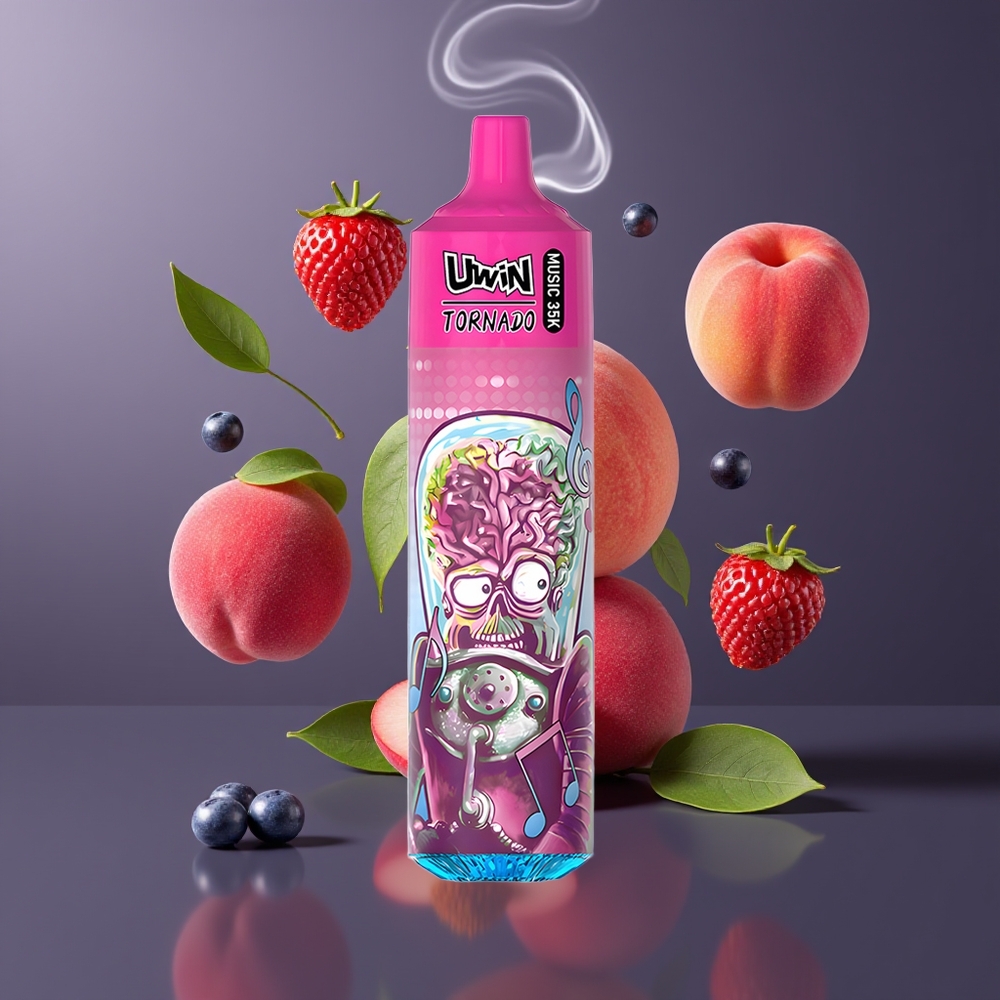 Uwin Tornado 35K Music Engangs Vape Dansk Engros Peach Berry (Fersken Bær) – 35.000 Puffs, Opladelig 600mAh, Type-C