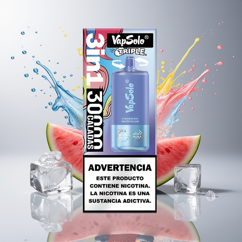 VapSolo Tripe 30000 Puffs Dansk Engros – Jordbær Vandmelon & Blåbær Is – 40ml E-Væske, Type-C Opladning