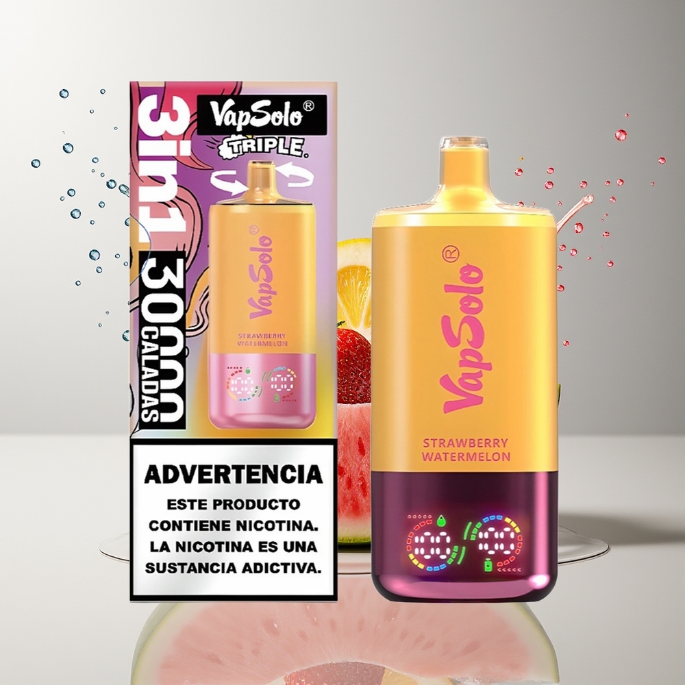 VapSolo Tripe 30000 Puffs Dansk Engros – Jordbær Vandsermelon & Citron Fersken – 40ml E-Væske – Type-C Opladning