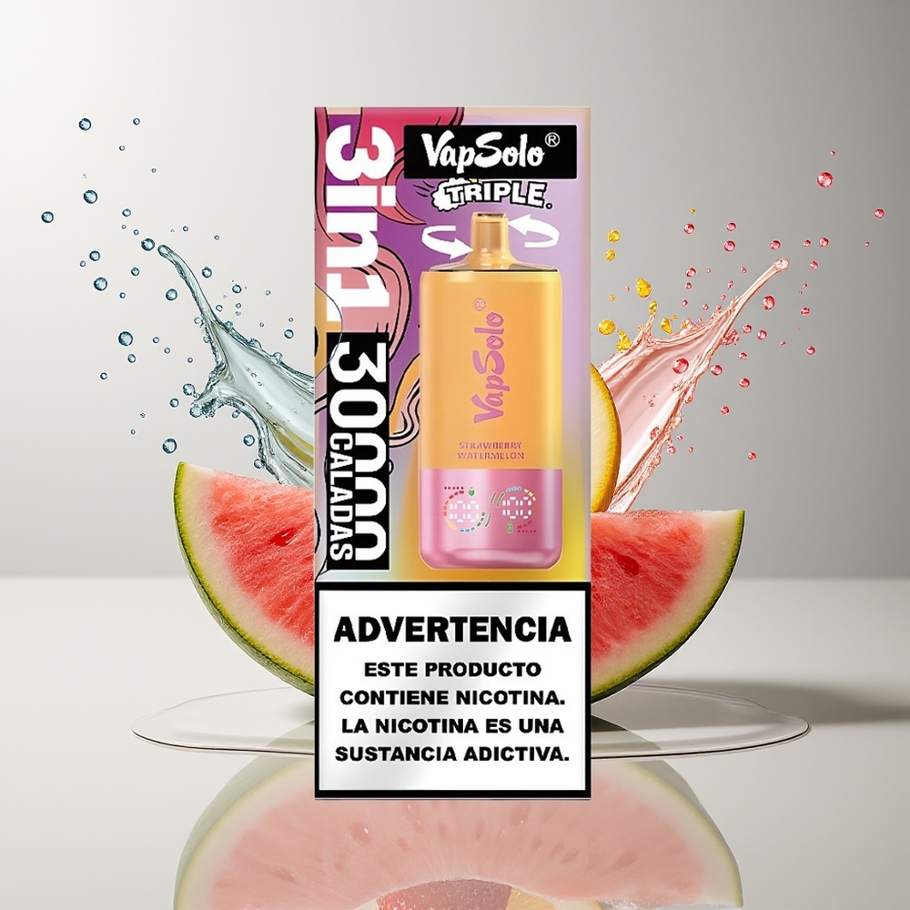 VapSolo Tripe 30000 Puffs Dansk Engros – Jordbær Vandsermelon & Citron Fersken – 40ml E-Væske – Type-C Opladning
