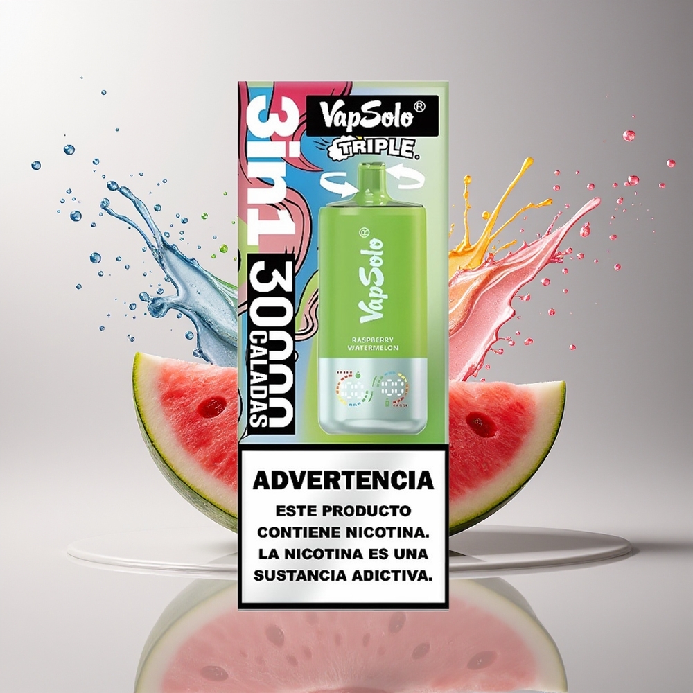 VapSolo Tripe 30000 Puffs Dansk Engros med Hindbær Vandmelon, Type-C Opladning, 40ml E-Væske, 20 mg/ml & 50 mg/ml Nikotin