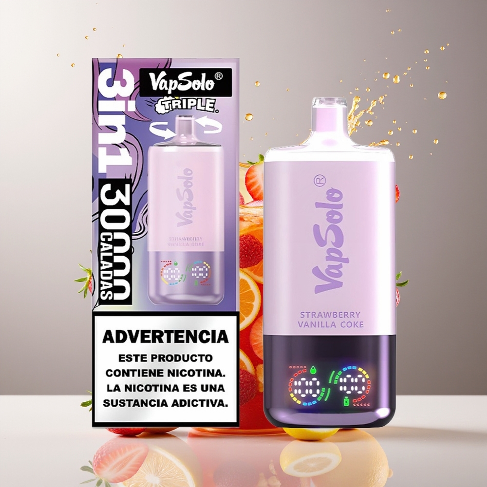 VapSolo Tripe 30000 Puffs Dansk Engros med Jordbær Vanilje Cola – 40ml E-Liquid, Type-C Opladning