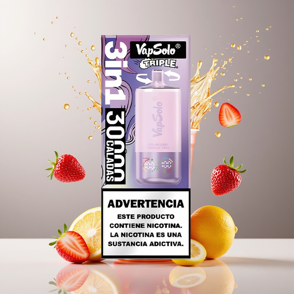 VapSolo Tripe 30000 Puffs Dansk Engros med Jordbær Vanilje Cola – 40ml E-Liquid, Type-C Opladning