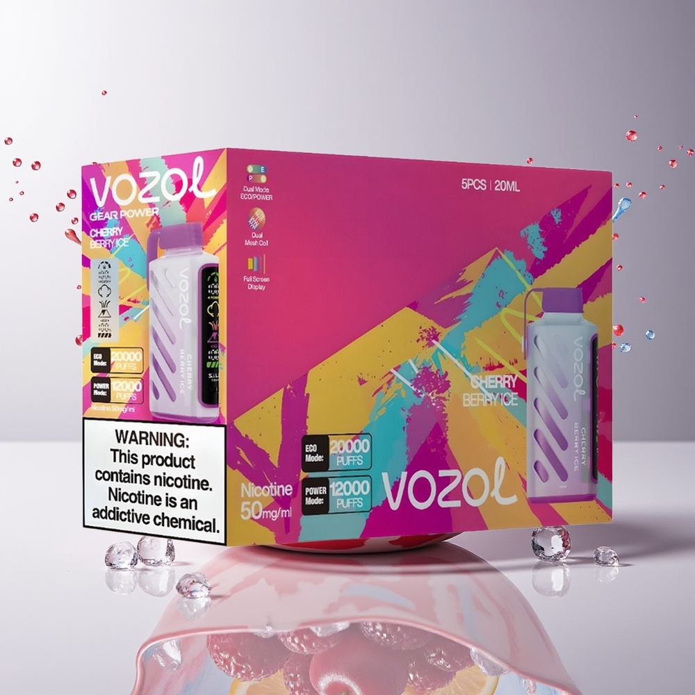 VOZOL Gear Power 20000 Puffs Dansk Engros med S.i.L.C. Tech, Dual Mesh Coil og Kirsebær-Bær Is Aroma