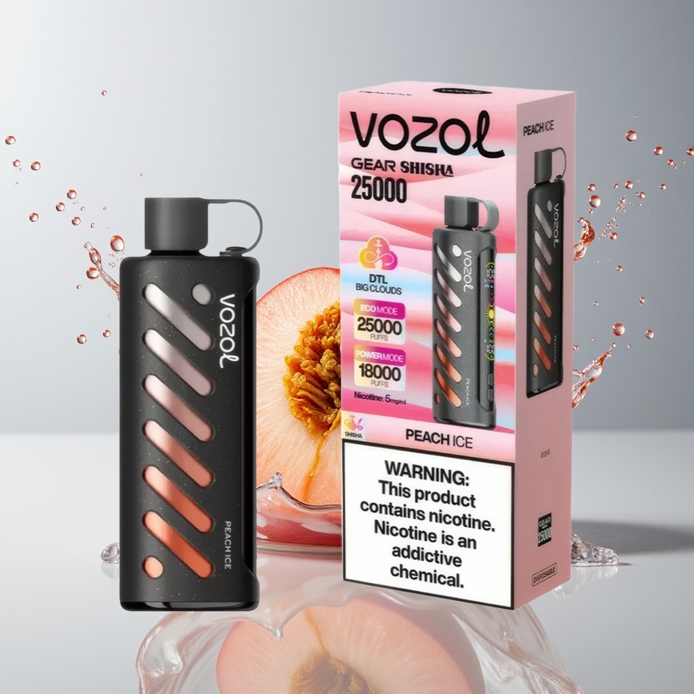 VOZOL Gear Shisha 25000 Puffs Dansk Engros med 30 Lækre Smage, Dual Mesh Modes og 1000mAh Battery - Fersken Is