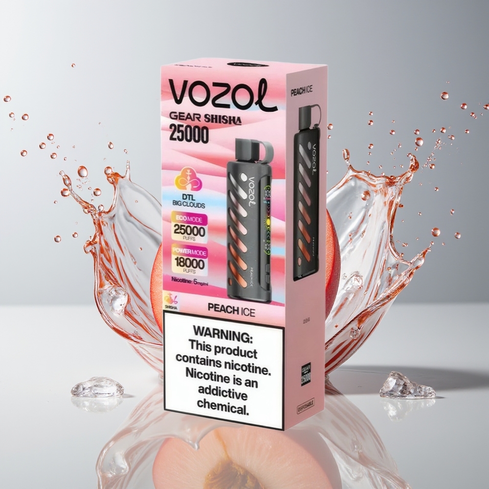 VOZOL Gear Shisha 25000 Puffs Dansk Engros med 30 Lækre Smage, Dual Mesh Modes og 1000mAh Battery - Fersken Is